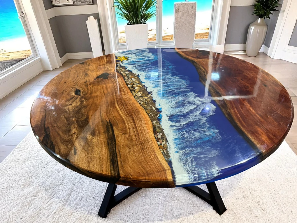 Round Epoxy Ocean Table – Handmade Coastal Theme Decor